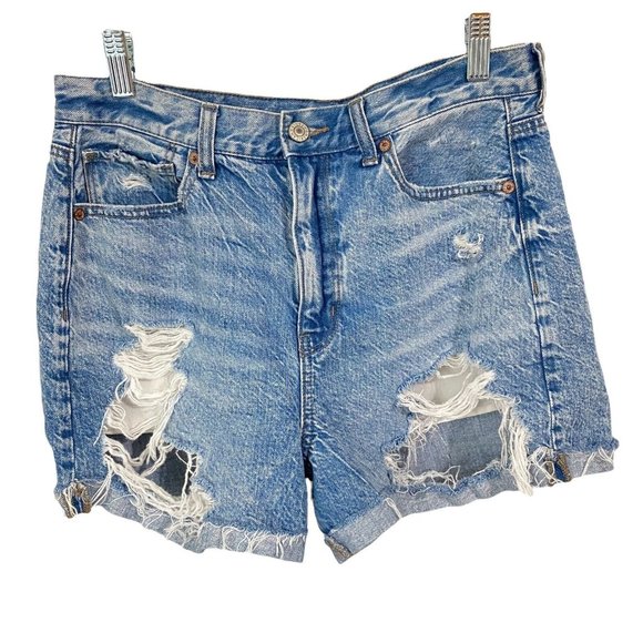 American Eagle Outfitters Pants - American Eagle Cuffed Mom Jean Shorts Size 10 High Waist Distressed Denim Blue